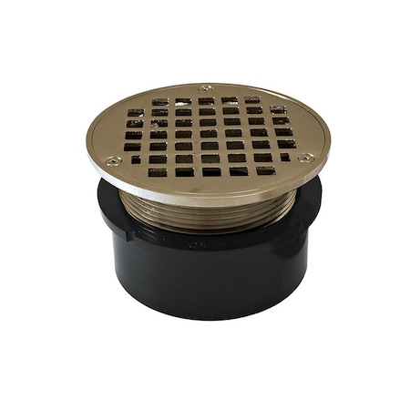 Jones Stephens 4in. ABS Hub Fit Drain Base with 3-1/2in. Metal Spud and 5in. Nickel Bronze Strainer D53122